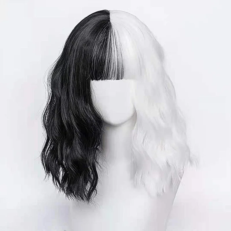 Cruella De Vil Cosplay Wig Short Fluffy Wavy Half Black and White Wigs Synthetic Hair for Halloween Short Bob Wavy