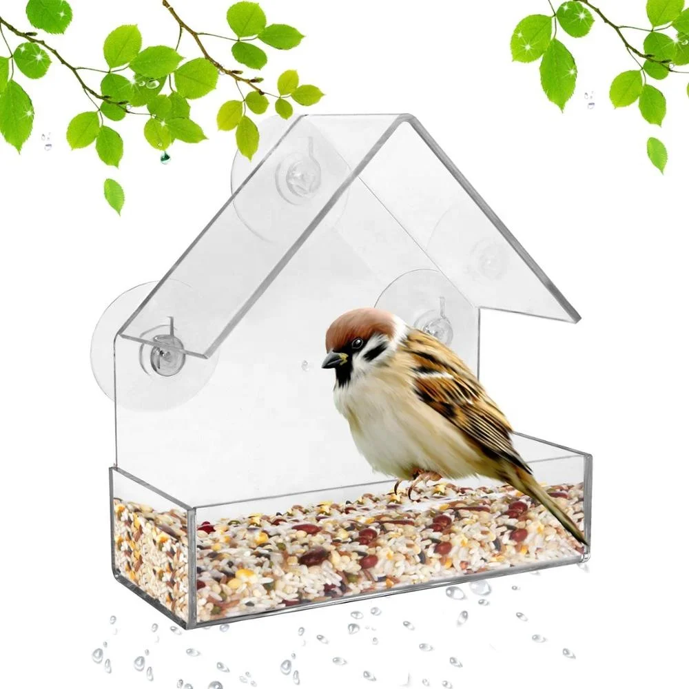 Wholesale High Quality Clear Acrylic Window Bird Feeder with Strong Suction Cups Triangle Roof for Wild Birds clear birdhouse