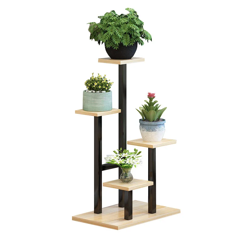 Living Room Decorative Multi-Layer Green Dill Floor Type Steel Wood Balcony Wrought Iron Flower Pot Rack Indoor Wall Shelf
