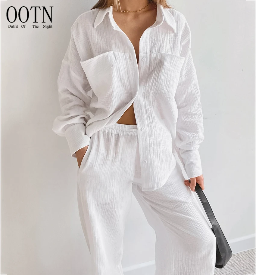 OOTN Female Casual Trouser Suits Solid 2022 Autumn White Women Set For Women Cotton Long Sleeve 2 Piece Sets