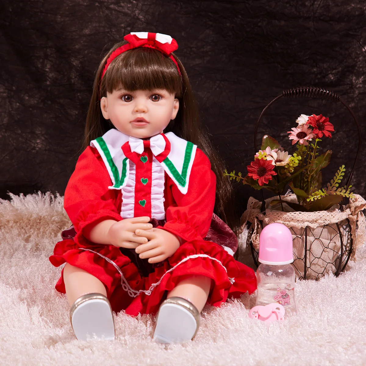 KEIUMI 60 CM Red Christmas Dressed Reborn Baby Dolls Real Touch Long Hair Newborn Baby Doll Toys for Kids Birthday Gift