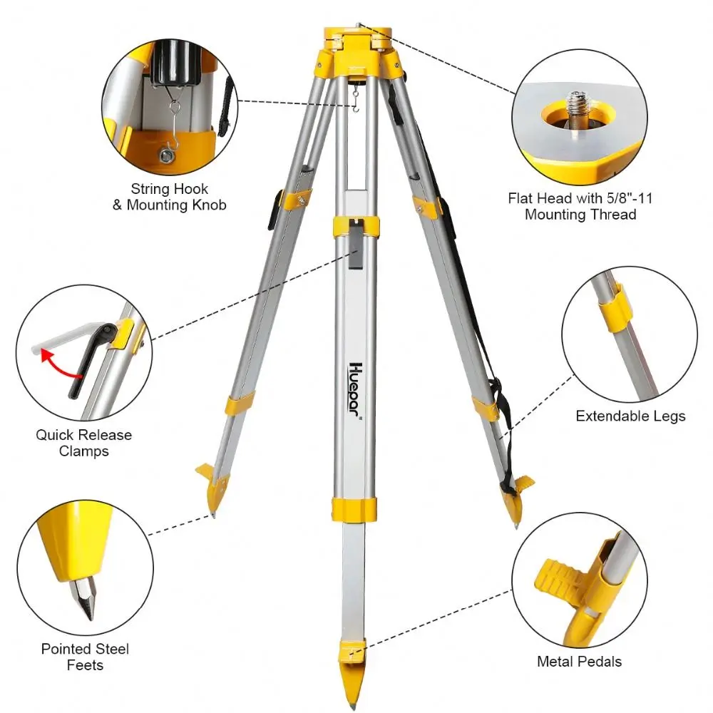 Huepar M3Y for Total Station, Automatic Optical Level, Rotary Laser,Aluminum Flat Head Heavy Duty Telescoping Tripod