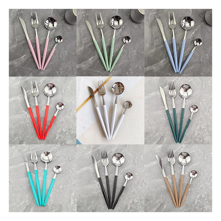 Disposable  Eco-friendly New Portuguese 4pcs plastic handle silver cutlery set Western tableware knife fork and spoon