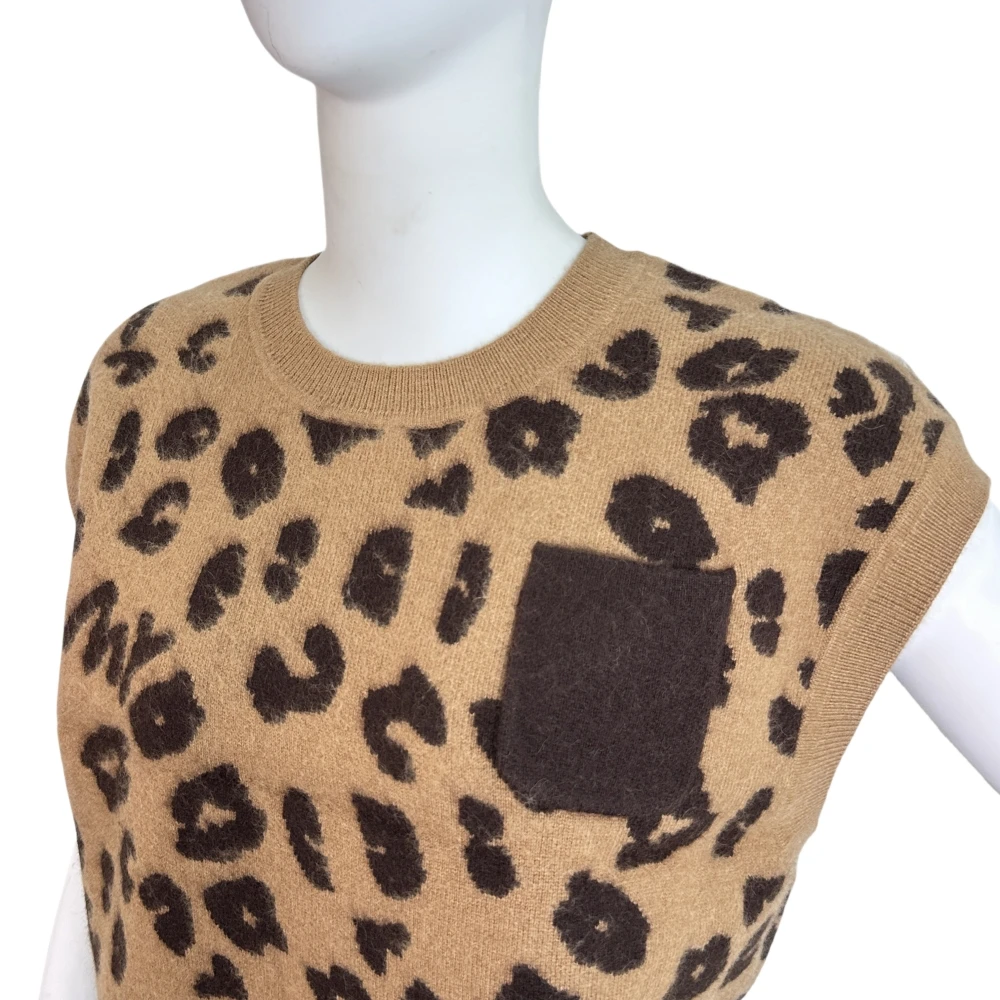 Trendy Leopard Print Wool Knit Vest Women Summer/Spring Casual Pullover Tank Tops Sleeveless Crew Neck Fashionable Sweater Vest