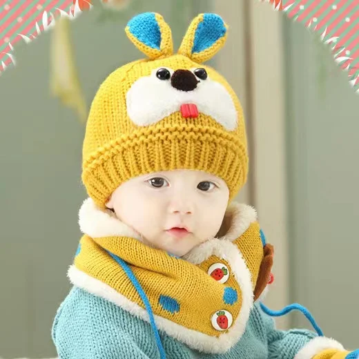 Hot Selling Winter Knit Bay Hat And Scarf Gloves Set Rabbit Plush Crochet Wool Baby Hat For Kids