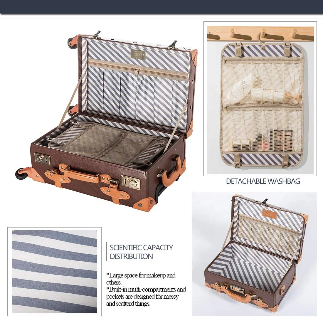 TOURBON VINTAGE LUGGAGE PU TROLLEY SUITCASE WITH LUGGAGE BAG