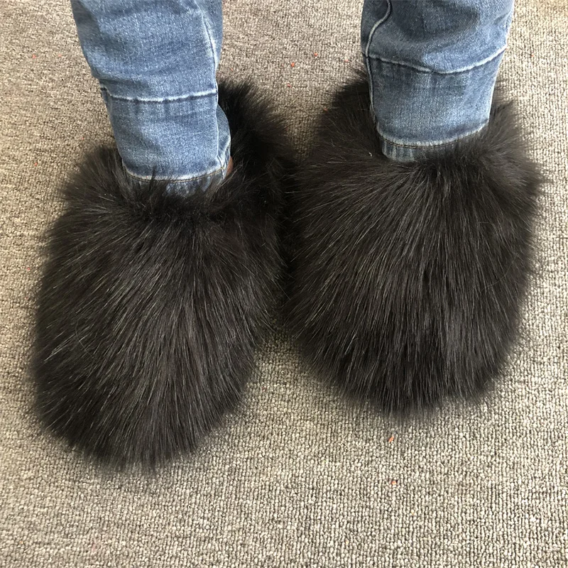 New Design Fashion Soft Fluffy Faux Fur Slide Fox Raccoon Fur Slippers For Women
