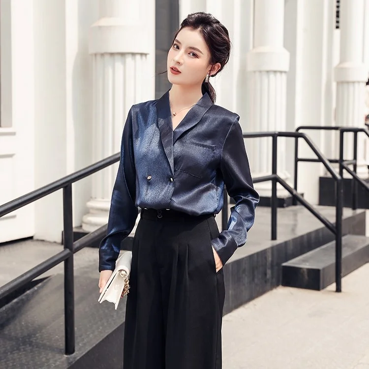 
2020 Wholesale Latest Design French Suit V-neck Satin Long-sleeved Design Shirts Women Western Style Office Wear Blouses 