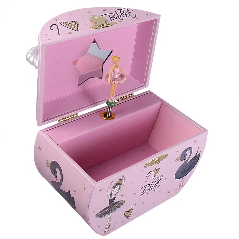 Ever Bright Factory Custom Semicircular Shape Music Box Wood Black Swan Dancing Ballerina Jewelry Music Box With Pearl Handle