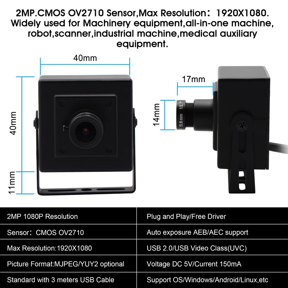 ELP 2MP Camera Module 1080P 30fps 720P 60fps VGA 120fps CMOS OV2710 Sensor Mini Raspberry Pi USB Camera Android