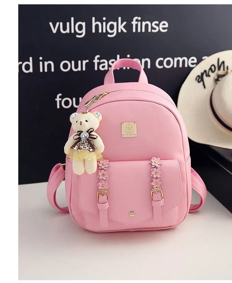 
Wholesale Fashion Waterproof PU Korean Large Capacity Backpack 3 Piece Set Schoolbag with Bear Pendant Girls Handbag 