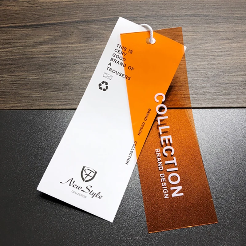 
Custom tags designer orange PVC paper hangtag with string loop 