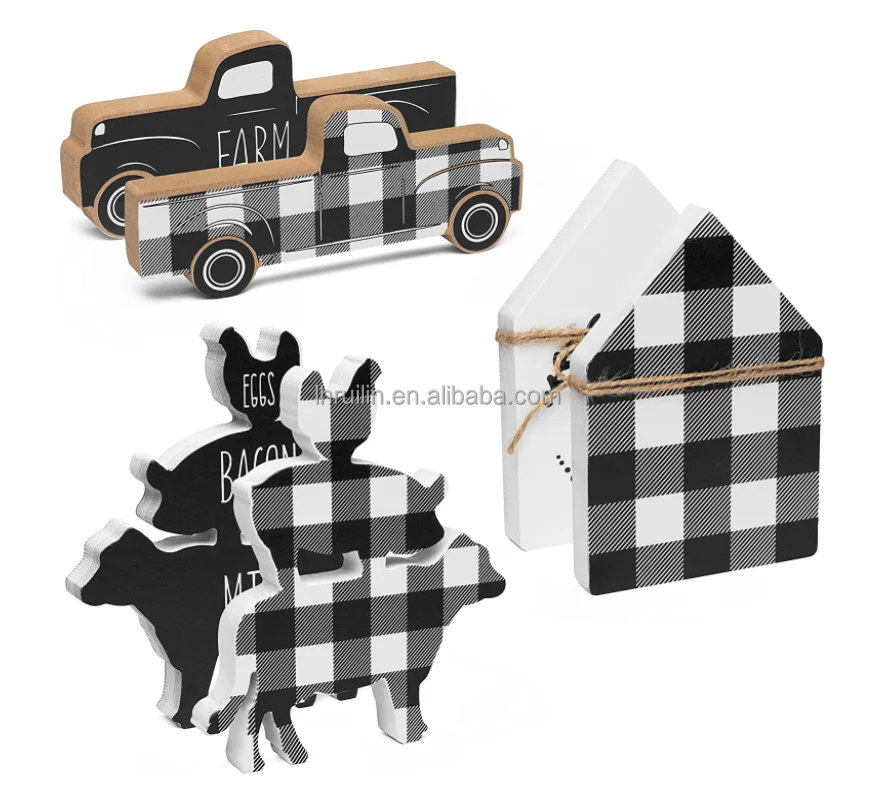 3Pcs Wooden Farmhouse Buffalo Plaid Tiered Tray Decoration Plaid Rustic Farmhouse Decor wood  decoration