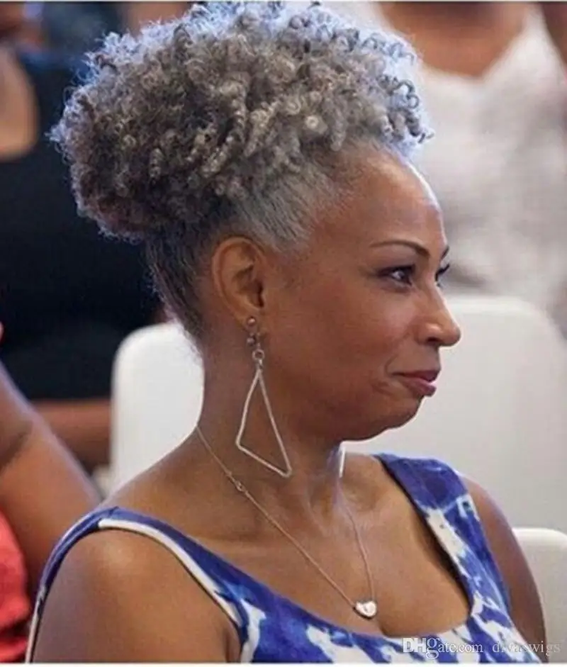 Short kinky Gray Ponytail hair extension  women hair toupee,afro grey wig kinky hair ponytail drawstring hairpiece