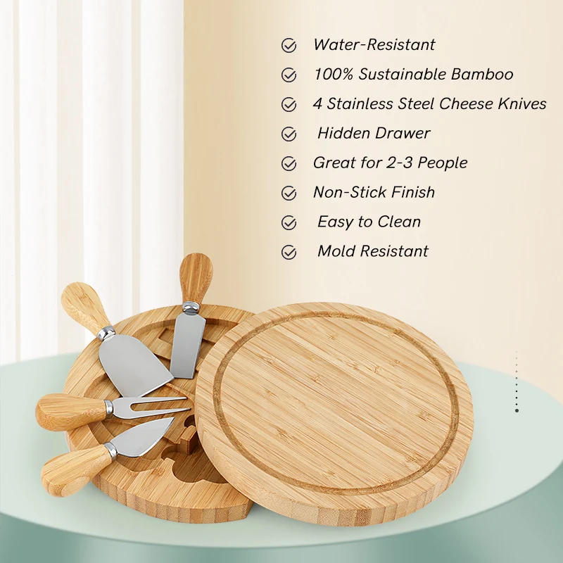 Custom Wood Chopping Cheese Boards Set With Cheese Knife And Fork Circular cheese board bamboo Wood Cutting Boards Wholesale