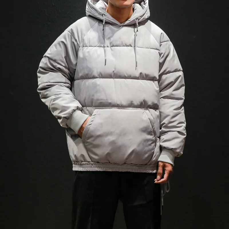 
Hot Winter Thick Loose Waterproof Sidekick Nylon Plain Black Kangaroo Pocket Windbreaker Pullover Puffer Jacket Down Hooded Men 