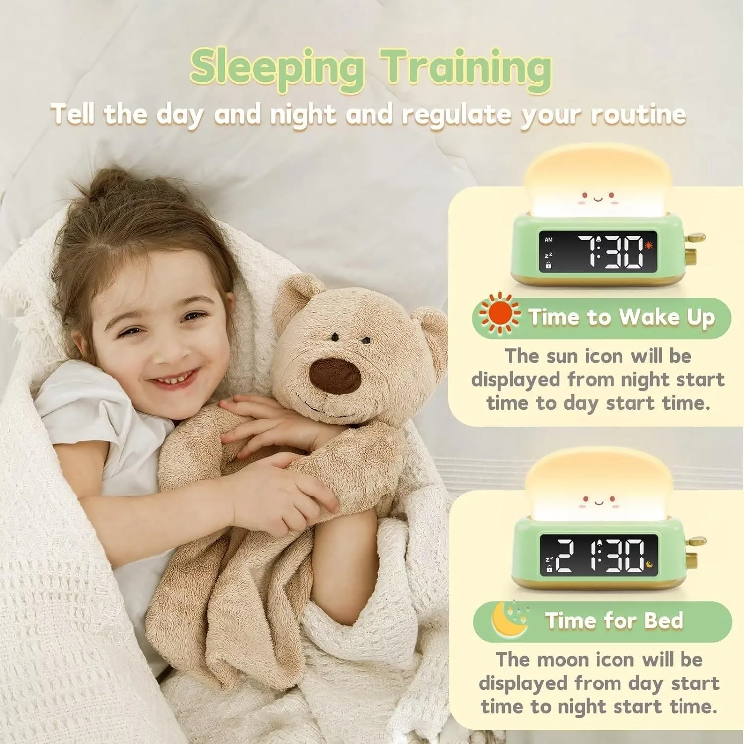 Bedside Clock with Toast Lamp 5 Alarm Tones Toast Night Light Alarm Clock Battery Operated Alarm Clock for Kids