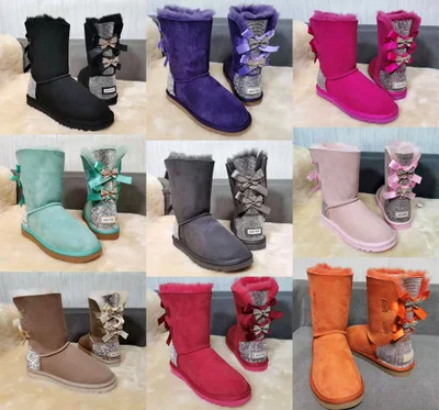 Оптовая продажа; Модная женская обувь; Женские зимние ботинки из овечьей шерсти; Меховые ботинки с бантиками и стразами; Женские ботинки