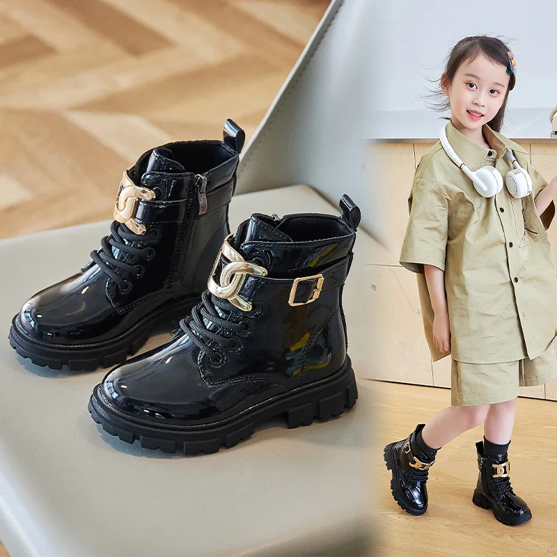 2023 Spring Autumn Kids Shoes PU Sweet Princess Teenagers Girls Flat Martin Boots