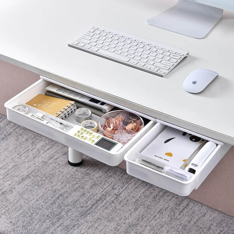 Office Hanging White Gray Space-Saving Item Organizer Self-Adhesive Under Desk Hidden Sliding Plastic Drawer