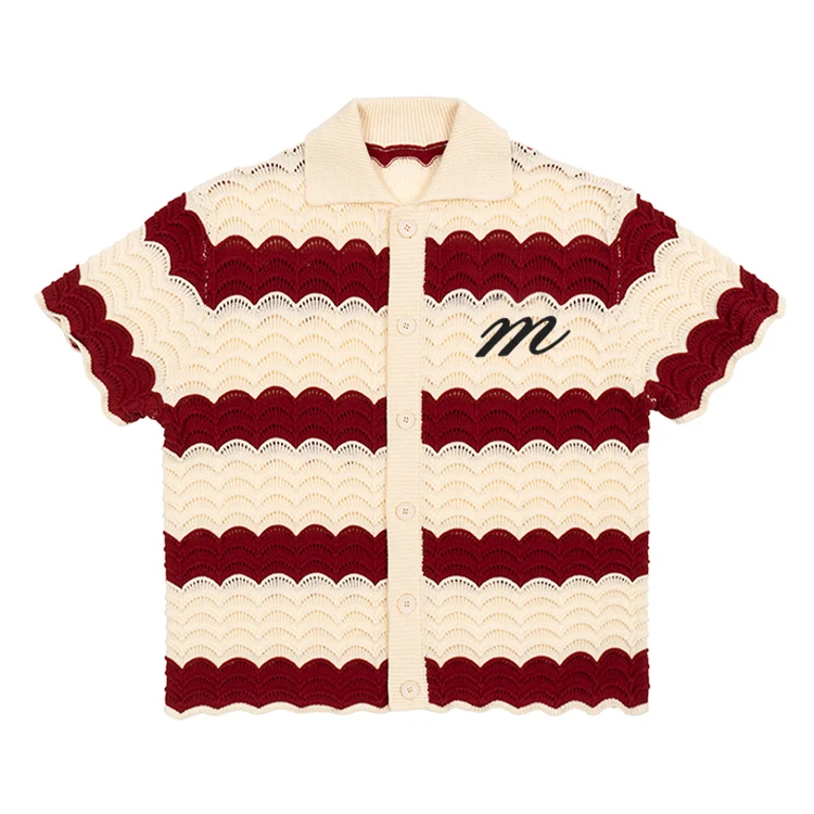 Custom Men Openwork Crochet Sweater Shirts Soft Knitted Top Button Summer Cotton Knit Short Sleeve Knitted Football Jersey