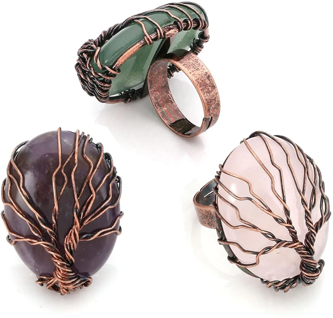 Handmade Retro Natural Stone Ring Vintage Copper Wire Wrapped Tree of Life Oval Gemstone Healing Crystal Adjustable Ring