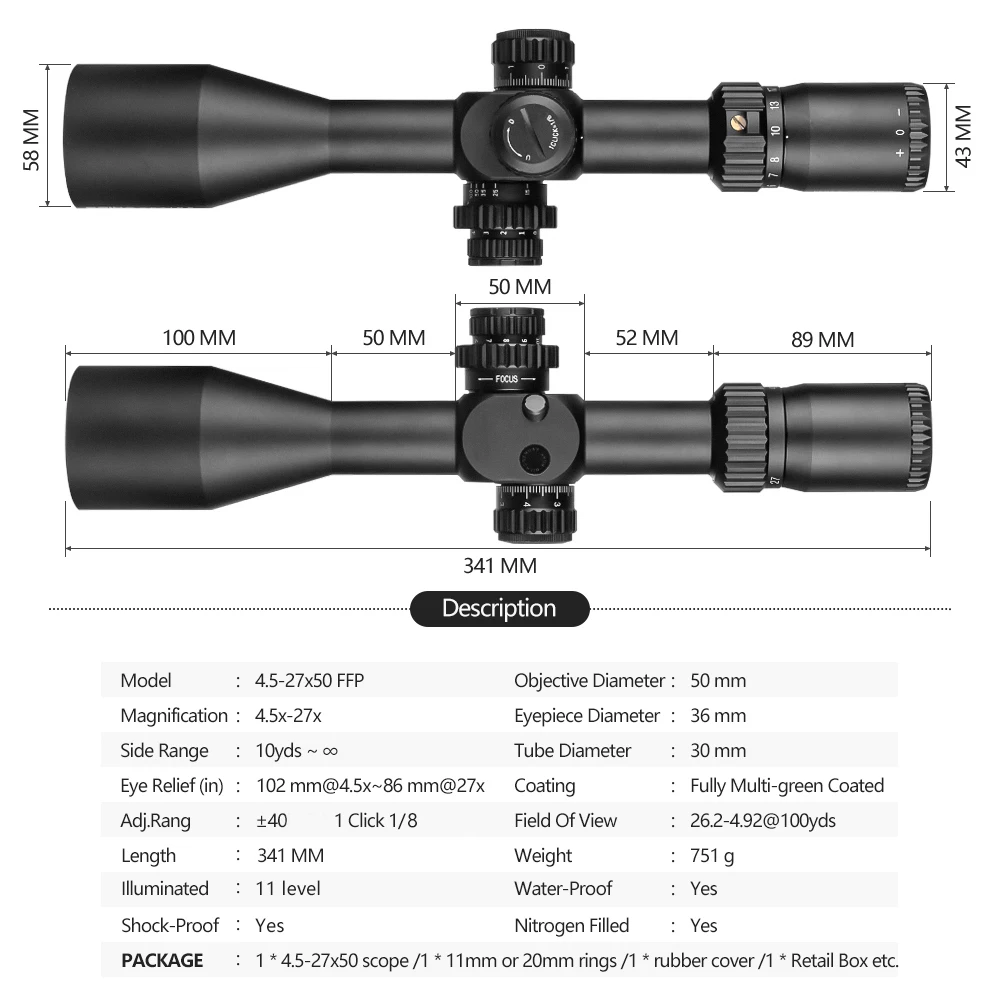 Spina HD FFP 4.5-27x50 Hunting Scope Tactical Compact Scope Outdoor Long Range Optics Sights First Focal Plane Sight