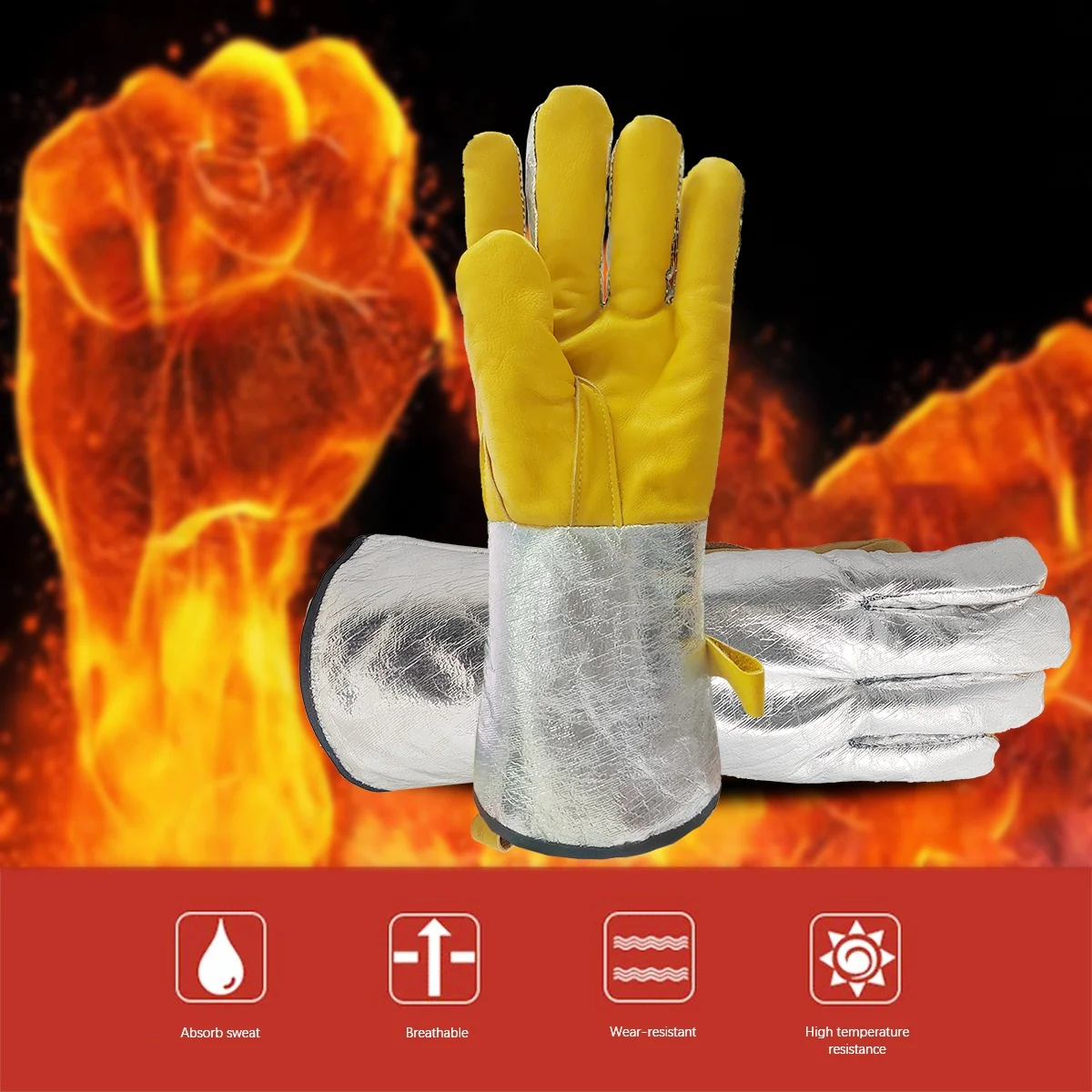 Labor Protection Safety Work Aluminium Foil Cow Leather Palm Heat Insulation Wear Resistant Hand Gloves