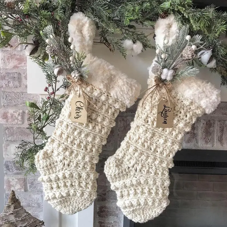 Luxury Crocheted Rustic Christmas Stocking 2021 With Faux Fur Handmade Socks Christmas Decor