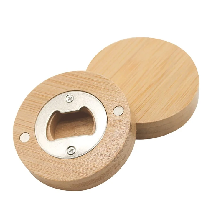 Promotional fridge magnet beer opener blank round shape wooden bottle opener for home decoration
