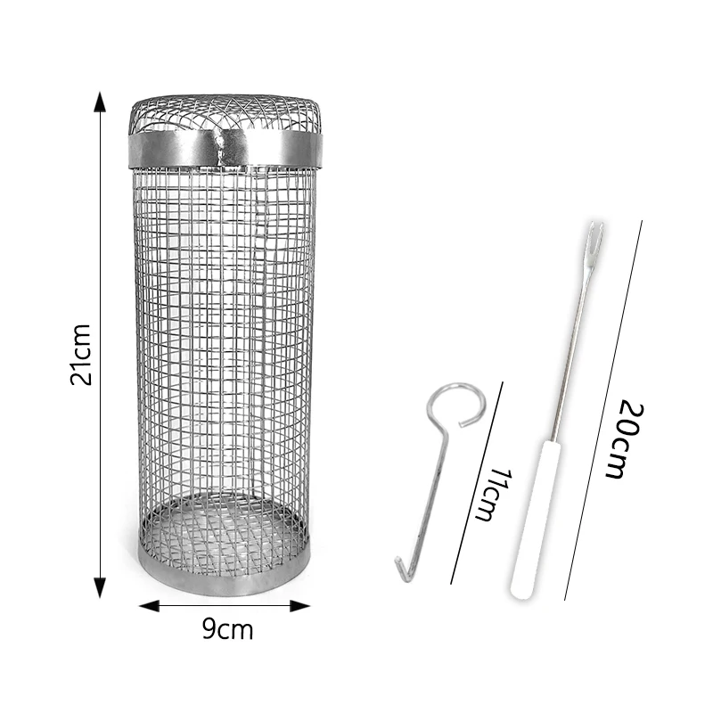 2023 New Metal BBQ Grill Basket Outdoor Cold Smoker Mesh Cylinder Tube 304 Stainless Steel Wire Net BBQ Rolling Grill Basket
