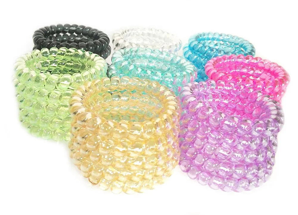 Genya plastic spiral hair ties elastic hair bands phone cord clear jelly hair coils wrist band bracelets