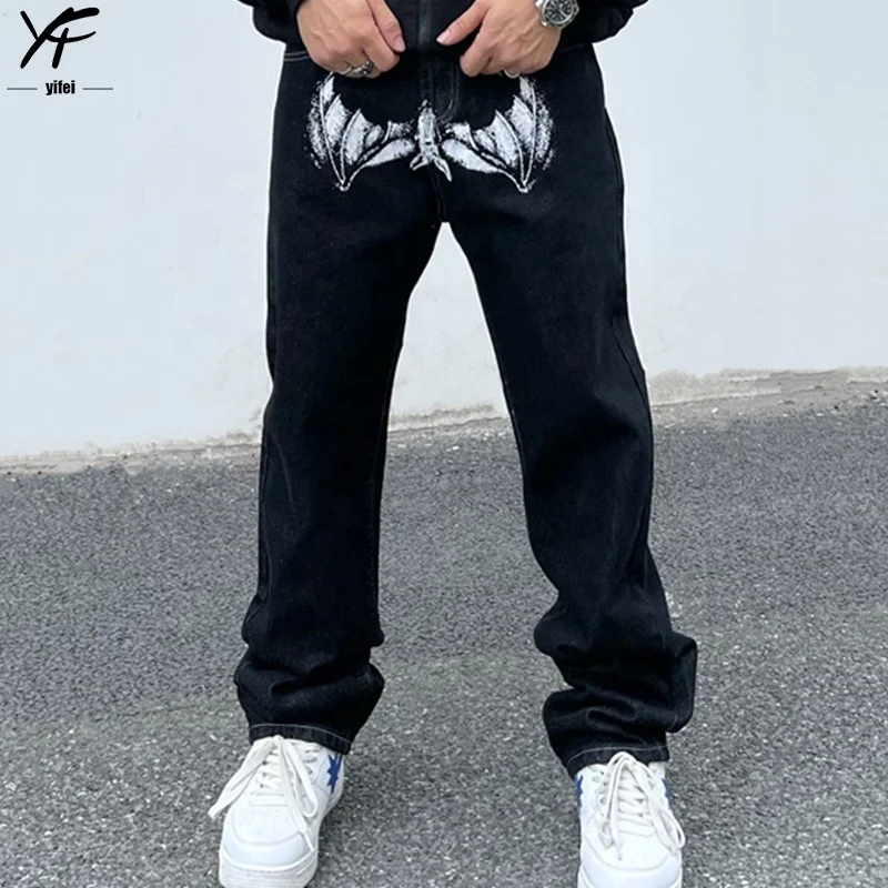Custom stacked jeans black loose fit Y2K baggy jeans vintage punk hip hop wide leg pants for men