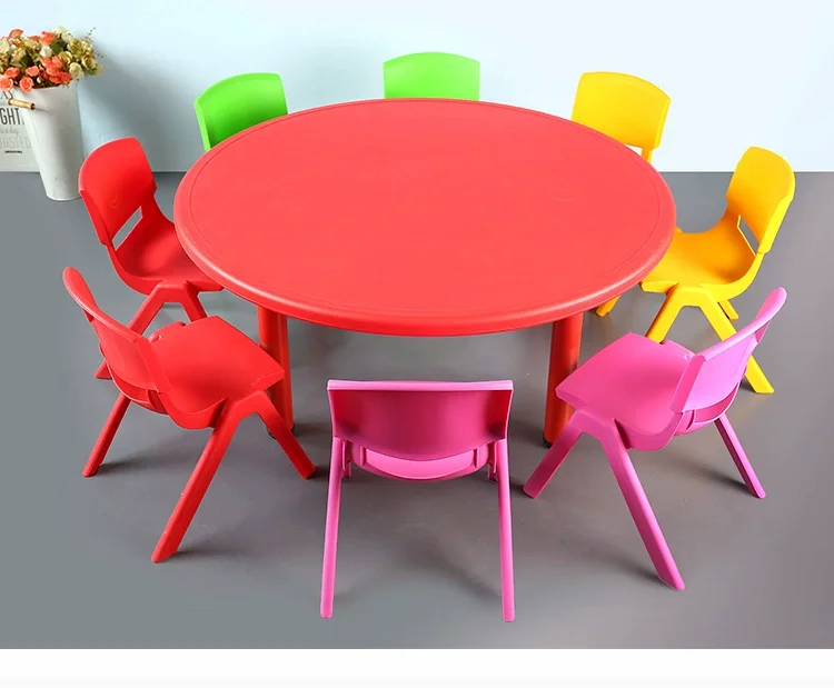 Cheap price kids table and chair set stainless steel adjustable legs preschool plastic round table and chair for children