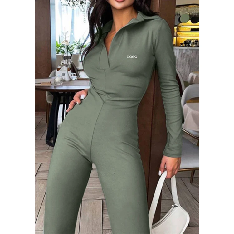 Custom Fall Autumn Winter 2023 Elegant One Piece Bodysuit Zipper Overalls Women Long Sleeve Ladies Wide Leg Jumpsuits