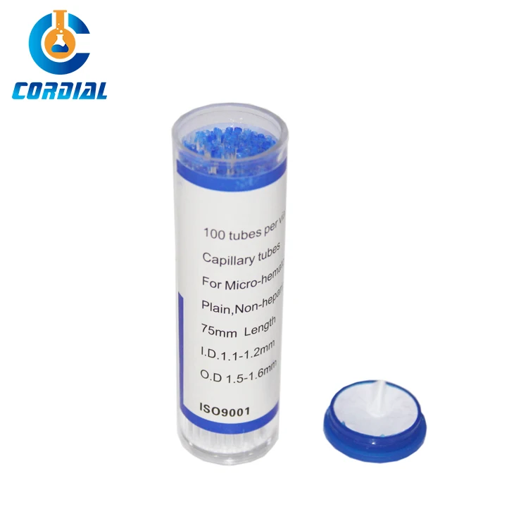 1292B Non-heparinized capillary tube, blue, L=75mm,  Packed in plastic vial, 100pcs/vial