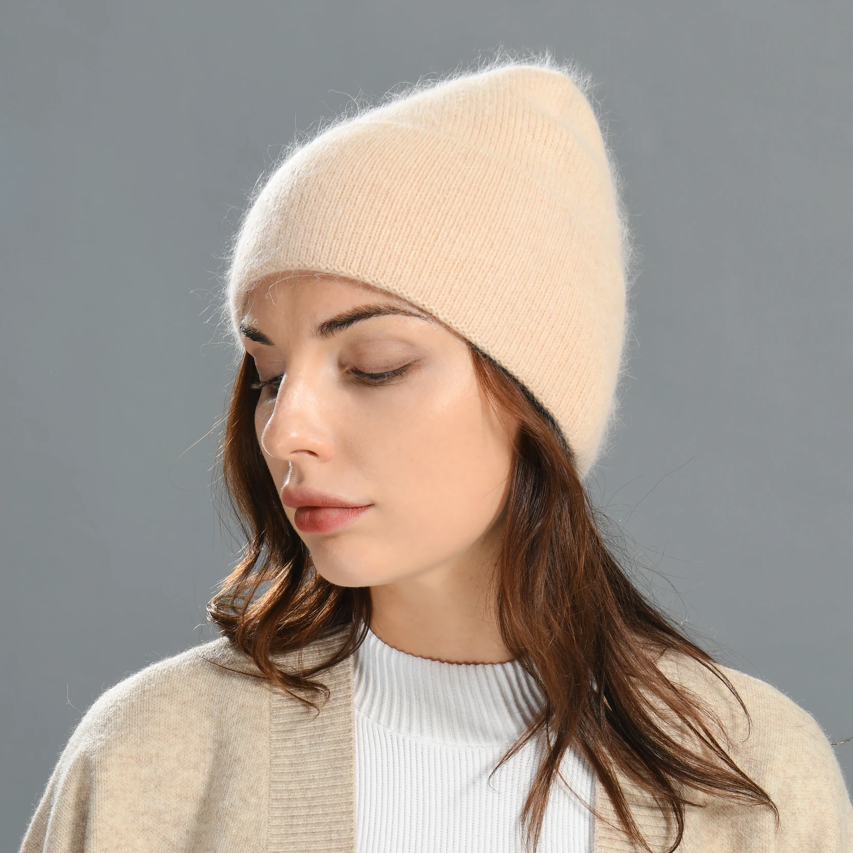 Fashion Custom Logo Women Fuzzy Beanie Hat Vintage Plain Long Rabbit Hair Fluffy Cuffed Warm Soft Knitted Beanie Hat Angora