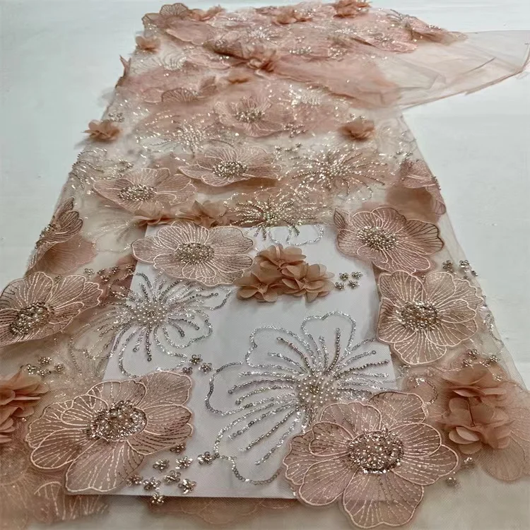 New fancy 3d flower wedding tulle high quality net beaded sequin lace fabric for women