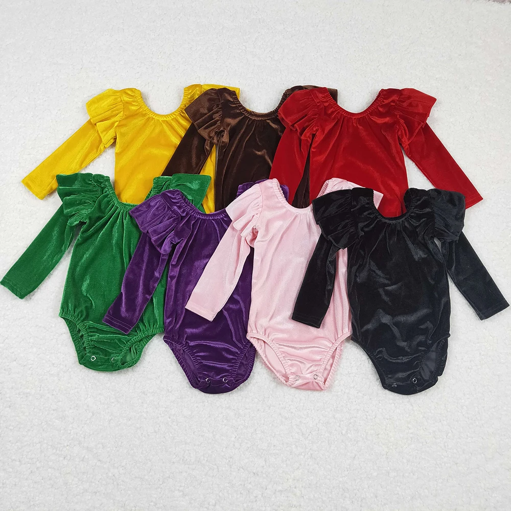 RTS Infant Boutique Wholesale Clothing Baby Girls  Red Velvet Ruffle Boutique Kids Long Sleeve Rompers Leotard Sleepers