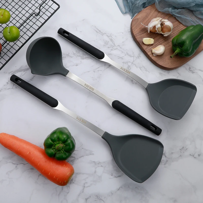 Hot Sale SUS304 Stainless steel Handle Silicone Kitchen Cooking Tools Stand Kitchenware Spatula Silicone Kitchen Utensils Set