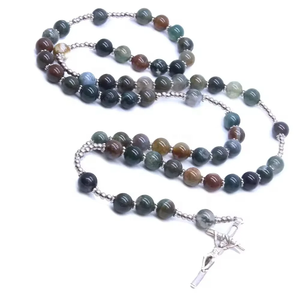 8MM Jade Beads Rosary Cross Necklace India Agate Stone Cross Necklace Religious Catholic Christian Prayer Bead NECKLACE