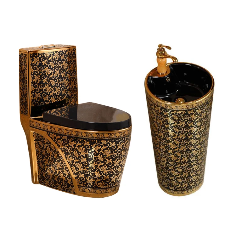 
Antique sanitary ware bathroom toilet bowl and pedestal wash basin combination ceramic luxury black and gold toilet set 