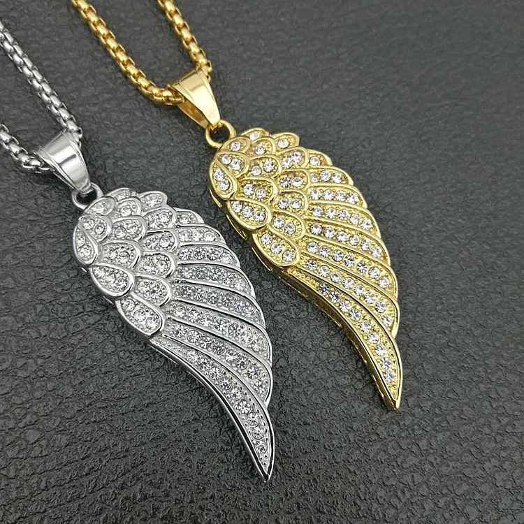 2023 Hot Sale Stainless Steel Angel Wing Necklace Shiny Rhinestone Crystal Angel Wings Pendant Necklace Hiphop Jewelry