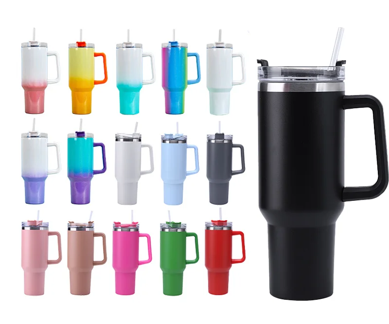 Wholesale Bulk 40oz Eco-Friend Double Wall Stainless Steel Insulated Vacuum Travel Coffee Tumblers With Handle Straw Lid