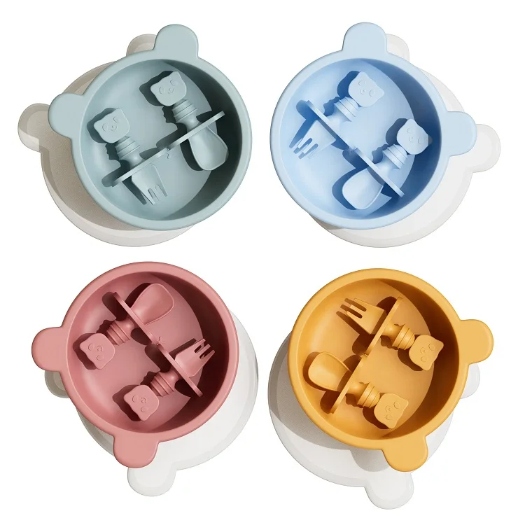 Phthalate Free Cartoon Dinnerware Set Animal Silica Gel Baby Spoon Fork Suction Bowl Plate Silicone Feeing Set With Lids Cover