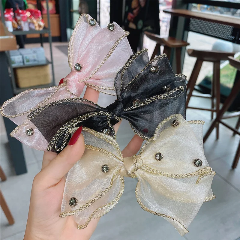 Elegant Mesh Fabric Bow Rhinestone Hair Clip Transparent Spring Clip Large Bow Tie Hair Clip for Women Girls