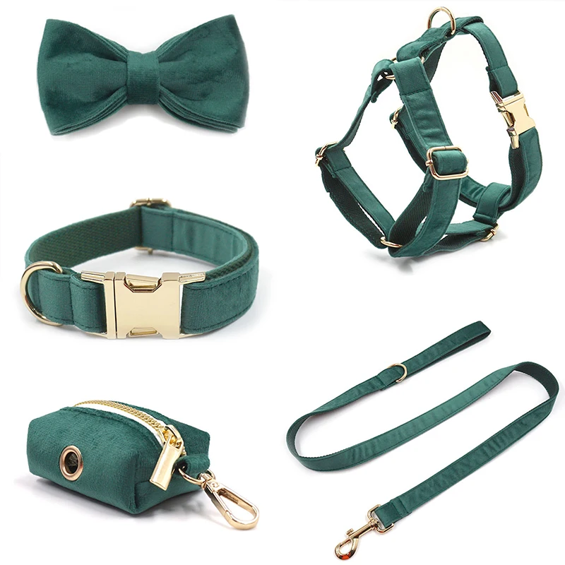 2022 velvet dog collar leash harness set with bowtie engravable name luxury collar set pet leash poop bag harness collar