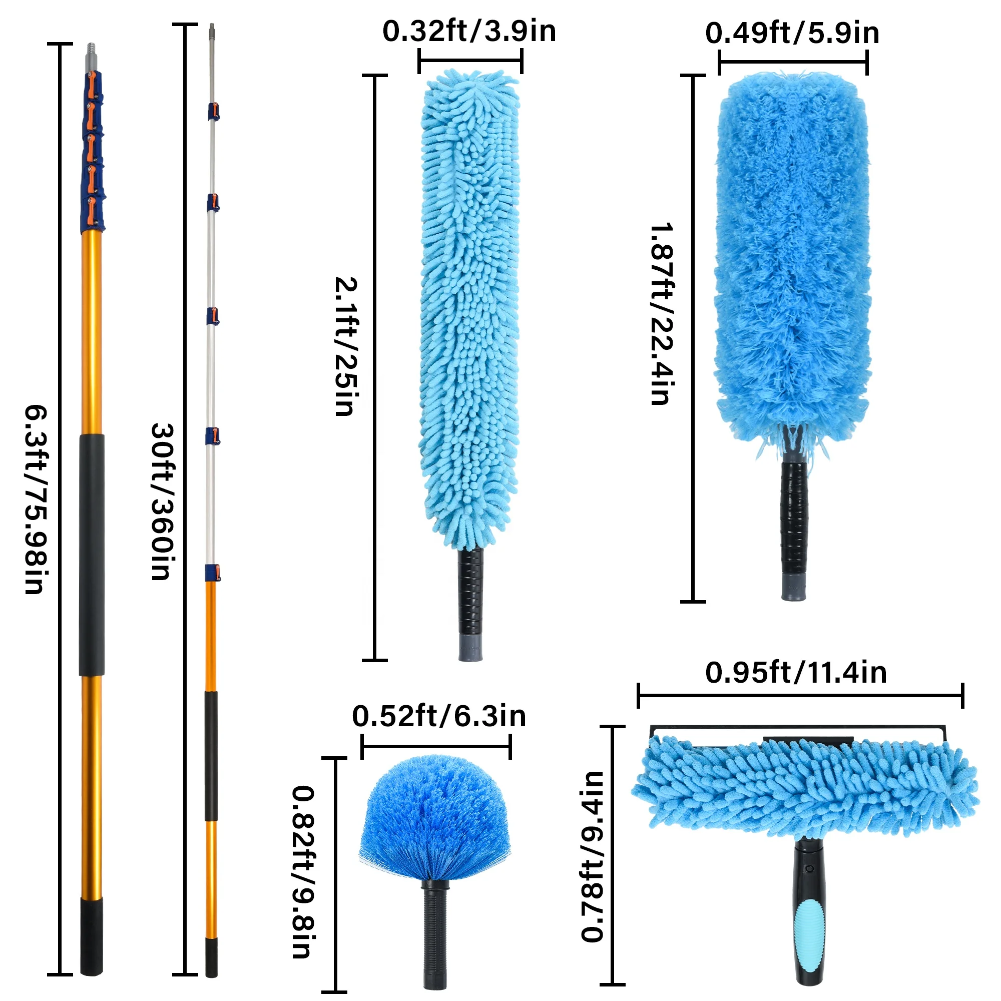 Lightweight Sturdy Window  brush Squeegee  Cobweb  Microfiber  Dusters Cleaning Kit with 30 Foot Telescopic Extension Pole