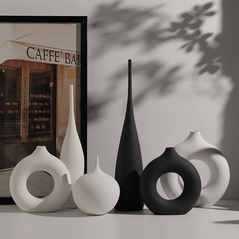 Minimalist Brushed Black White Ceramic Vase Handmade Ceramic and Porcelain Vases