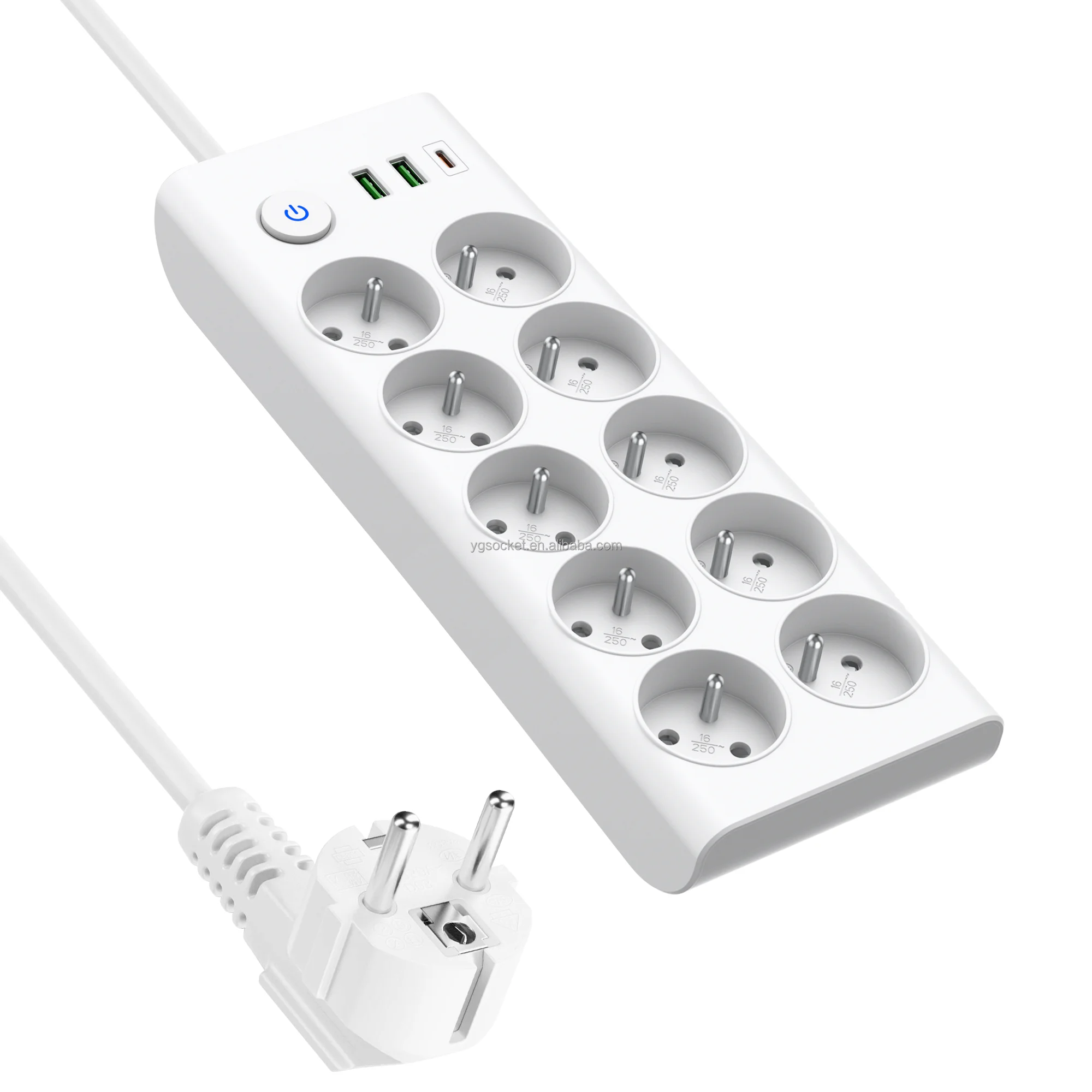 2022 Eu Quality Electrical 10AC outlets france Type with 2USB Type-c 1.8M Power Cord extension socket